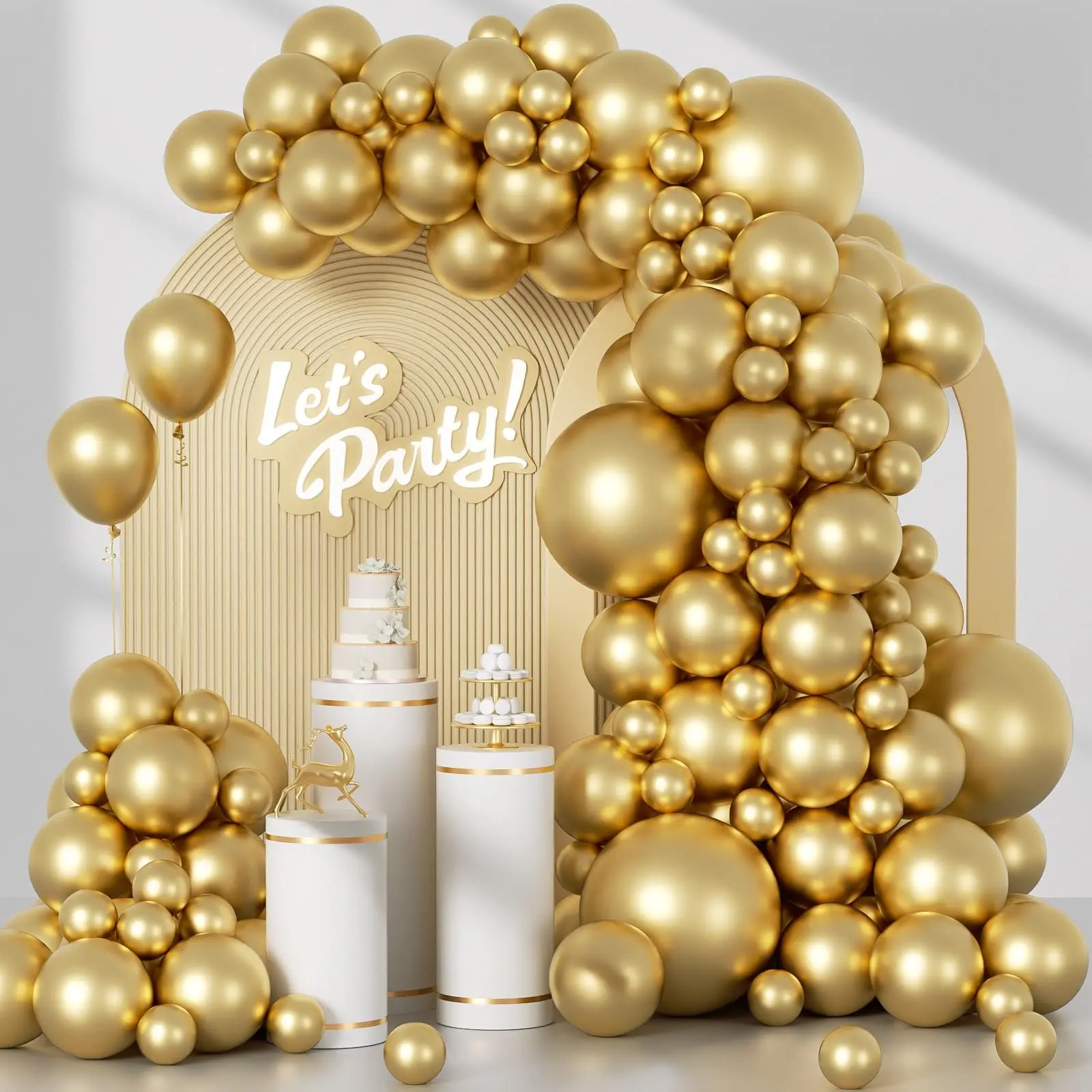 120pcs Metallic Gold Balloon Arches Set, Balloon Decorations Kit, 18, 12, 5-Inch Chrome Gold Latex Balloons, Metallic Gold Balloon Wreaths, Balloon Arch Backdrop, Suitable For Graduation, Engagement, Wedding, Birthday Party Decorations