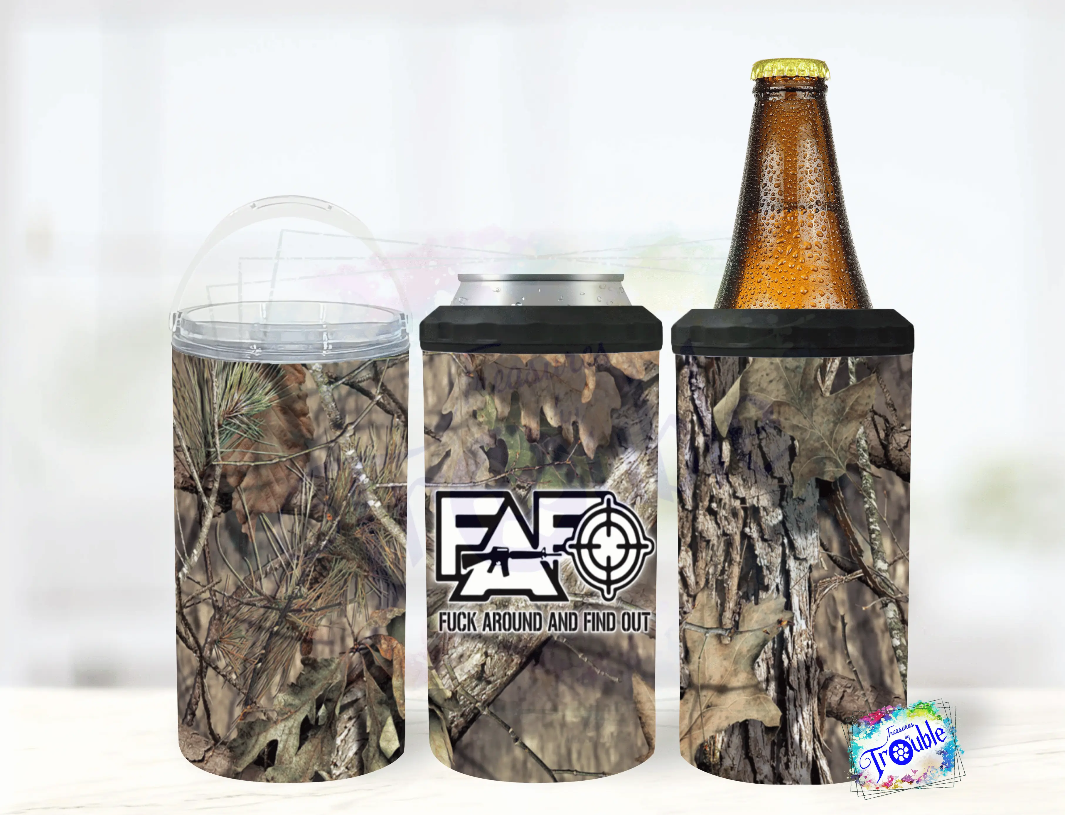 FAFO Camo 4 in 1 Can Cooler 14 oz Tumbler Combination Stainless Steel Insulated with Lid and Straw for Hot or Cold Ideal for Hunting Picnics or Daily Use