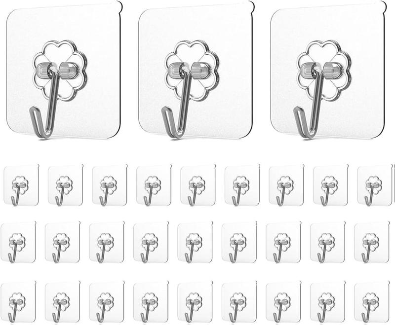 [New Deal] 20 Pack Adhesive Hooks for Hanging, Heavy Duty Wall Hooks , Removable Sticky Ceiling Hooks, Transparent Self Adhesive Shower Hooks, Water & Oil Proof Strong 22lb(Max) Door Coat Hooks Organiser Hangable