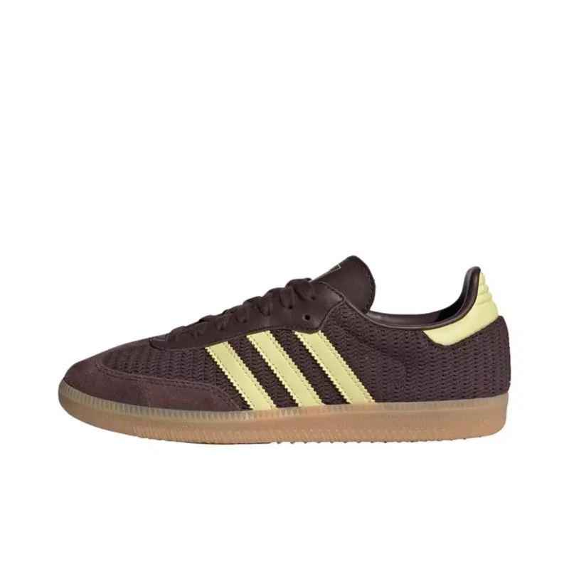 Adidas Women's Samba OG Leather Sneakers in Shadow Brown, Athletic Training Shoes with Powder Yellow Accents and Gum Sole, Sports Shoes, Casual, Leather Panel Shoes