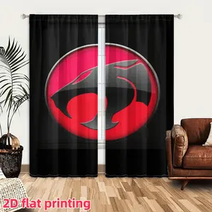 2D Flat 2Pcs Thundercats Classic Hero Logo Printed Curtain Panel, Red and Black Color Block, Pole Pocket Style, Semi Sunshade, Suitable for Living Room, Bedroom, Balcony, Study Decoration, Window Accessory, Anti Privacy.