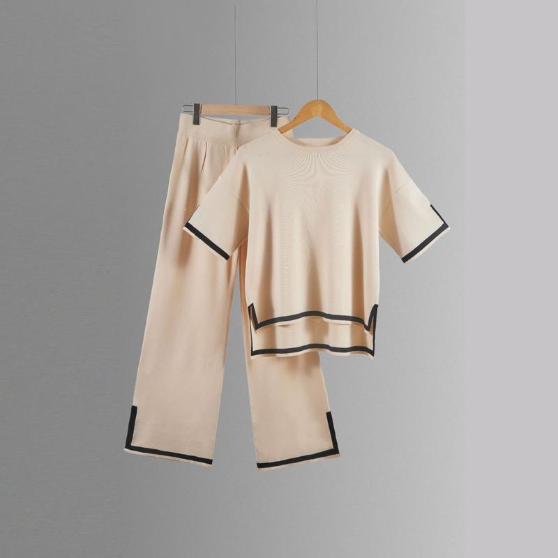 Womens Two Piece Outfits Casual Short Sleeve Knit Sweater Tops Matching Wide Leg Pants Tracksuit Lounge Sets