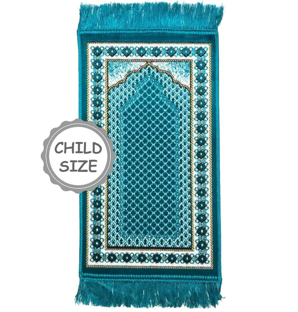 Child Velvet Islamic Prayer Rug - Lattice Vine Geometric Border - Turquoise