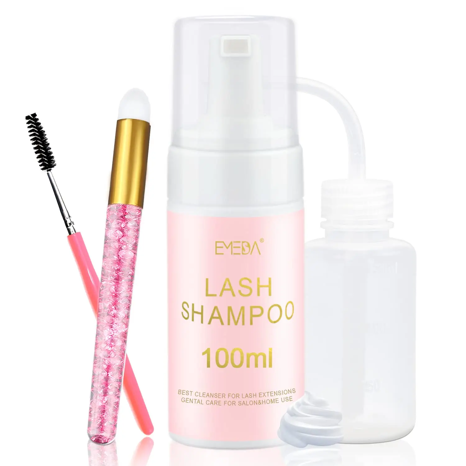 EMEDA Lash Shampoo Kit, 100ml Gentle Foam Lash Cleanser, Oil-Free Cleaning | for Wash Extension/Natural Eyelash Bath with Rinse Bottle Brush for Makeup Remover (3.38 fl.oz)