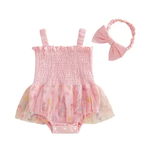 0-18 Months Infant Baby Girl Easter Outfit Sleeveless Square Neck Rabbit Egg Floral Print Romper Dress and Bow Headband Set