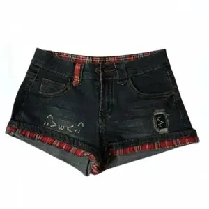 gym shorts Retro Red Plaid Splicing Denim Shorts Women's Summer Low Waist Slim Hip Wrap Hot Pants Y2k Shorts