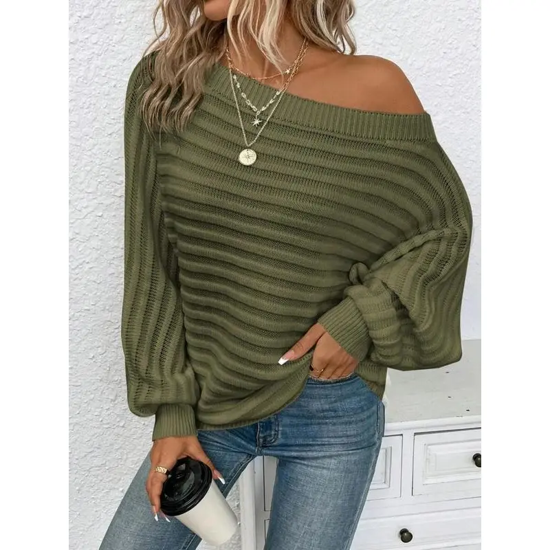 Women's Textured Asymmetrical Neck Sweater, Casual Loose Long Sleeve Batwing Sleeve Knitwear Jumper for Daily Wear, Ladies  Knit Top for All Seasons Fall Outfits 2024 Fall Outfits