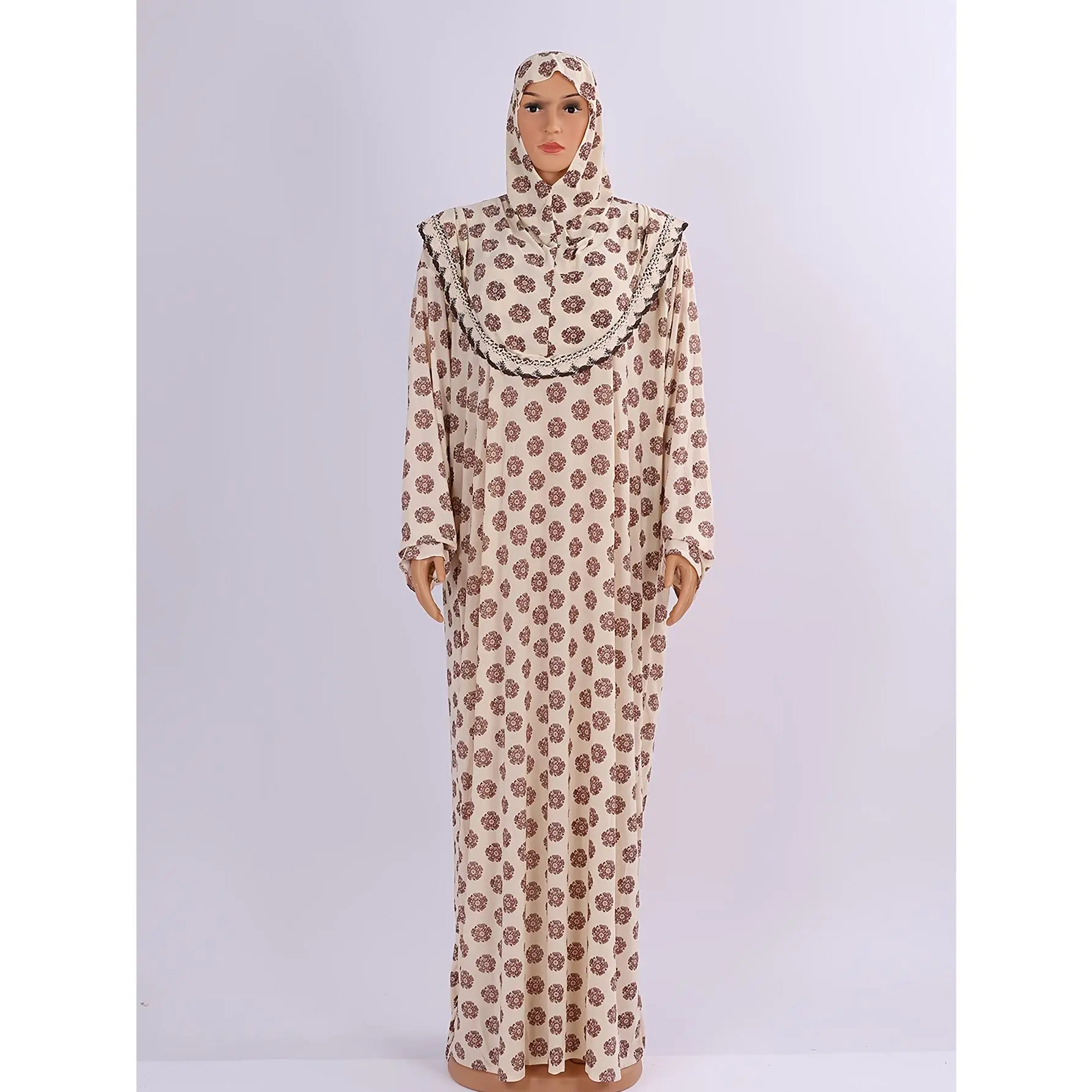 Elegant Muslim Abaya - Long Sleeve, Beige with Floral Print, Ruffle Neckline, Loose Fit, All-Season Dress for Big & Tall, Allseason Abaya |   Floral Print Abaya |   Knitted Fabric