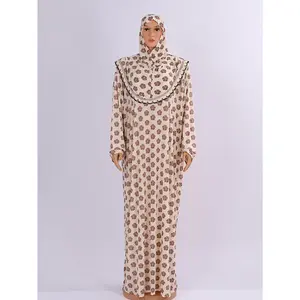 Elegant Muslim Abaya - Long Sleeve, Beige with Floral Print, Ruffle Neckline, Loose Fit, All-Season Dress for Big & Tall, Allseason Abaya |   Floral Print Abaya |   Knitted Fabric