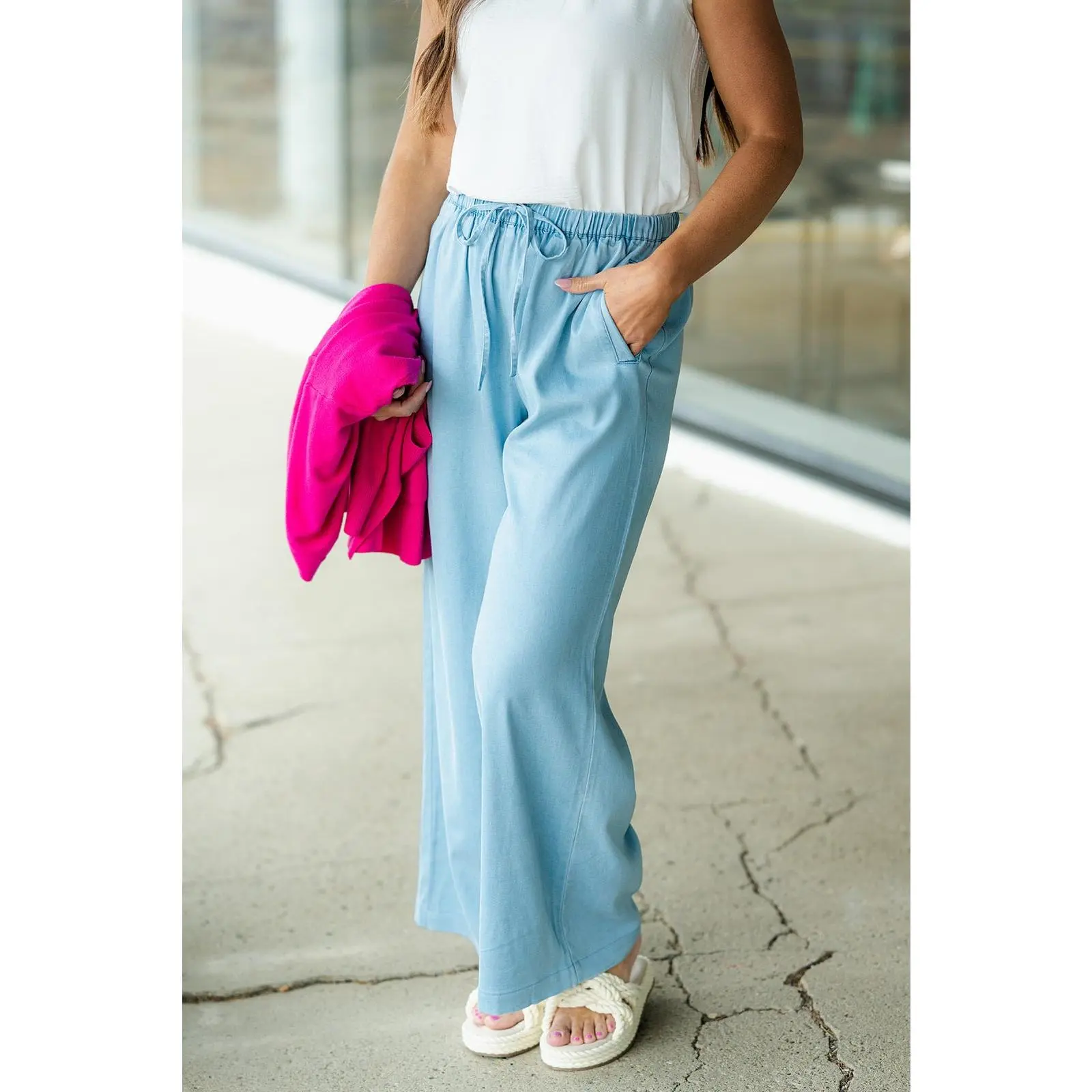 Relaxed Wide Leg Chambray Pants