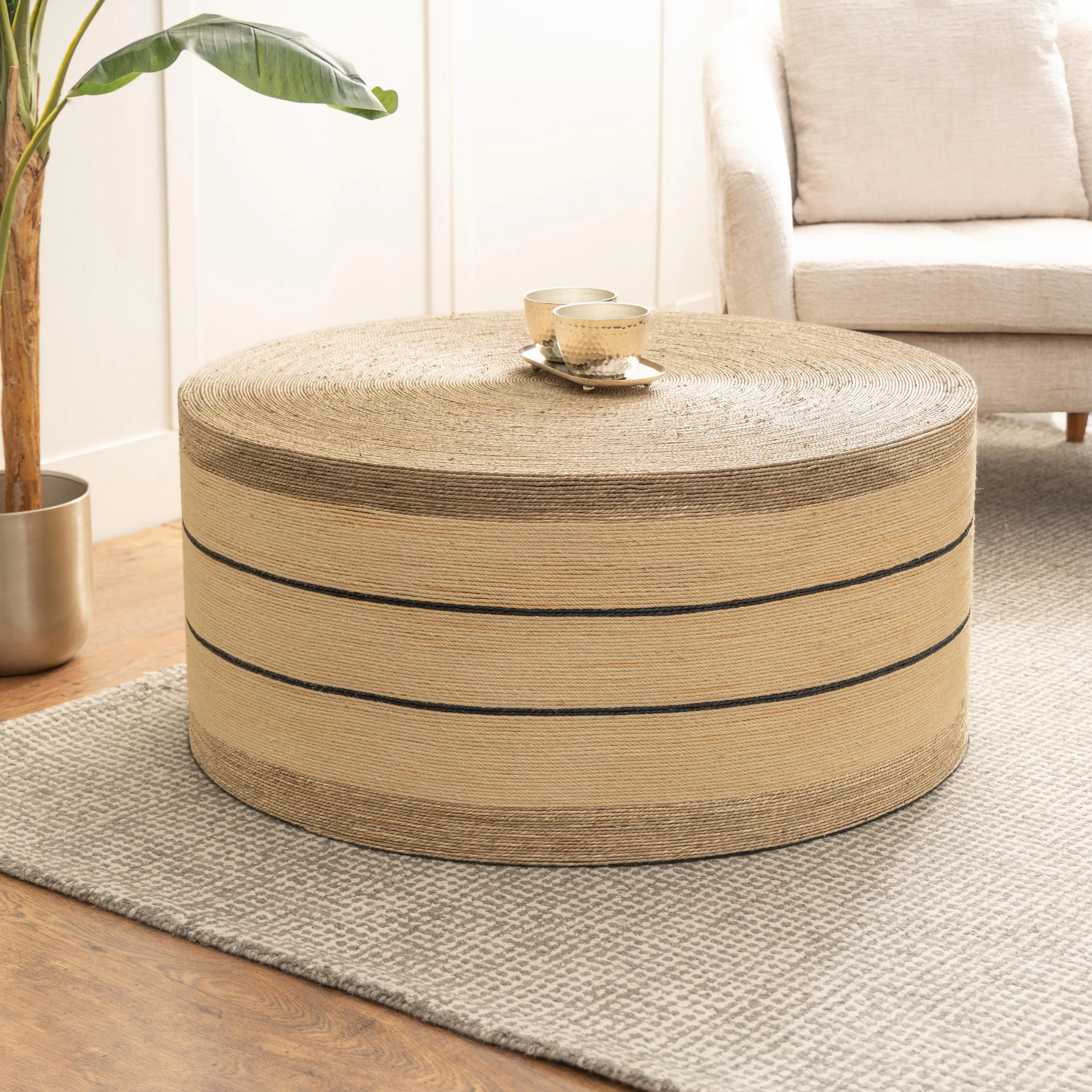 Brown Seagrass  Handmade Woven Two Toned Living Room Coffee Table, 36" x 36" x 17"