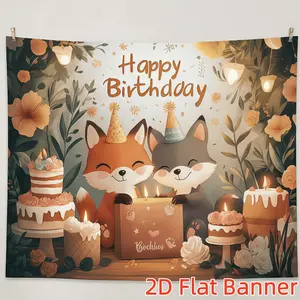 1PC,2D Flat Customize Backdrop Cute Fox Birthday Party Backdrop, Cartoon Animal & Cake Theme Decoration, Perfect for Kids' Birthday, Baby Shower, Festival Celebration, Photo Booth Background
