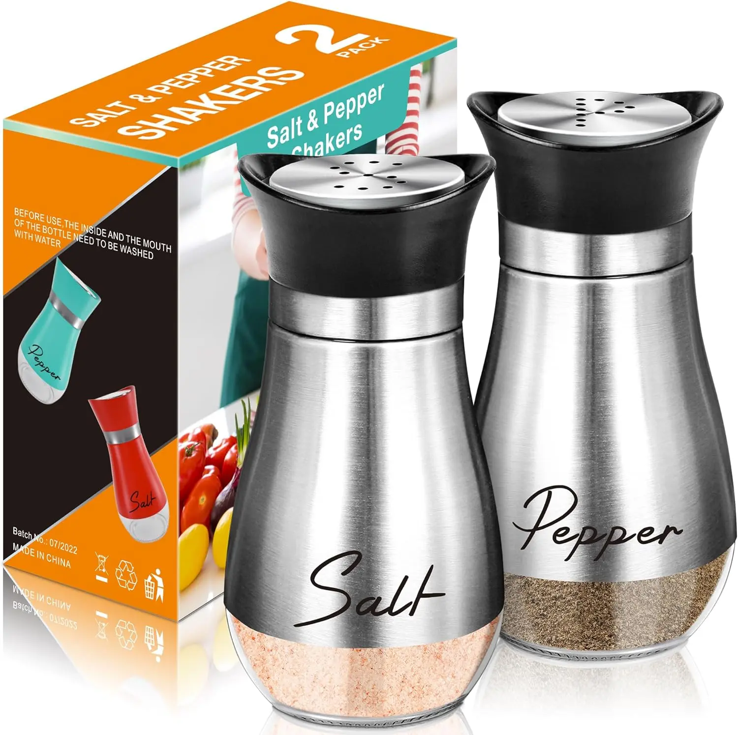 Salt Shakers and Pepper Set,4 Oz Glass Bottom Salt Pepper Shaker with Stainless Steel Lid for Kitchen Gadgets Cooking Table, RV, Camp,Bbq Refillable Design (Silver) Arrozon
