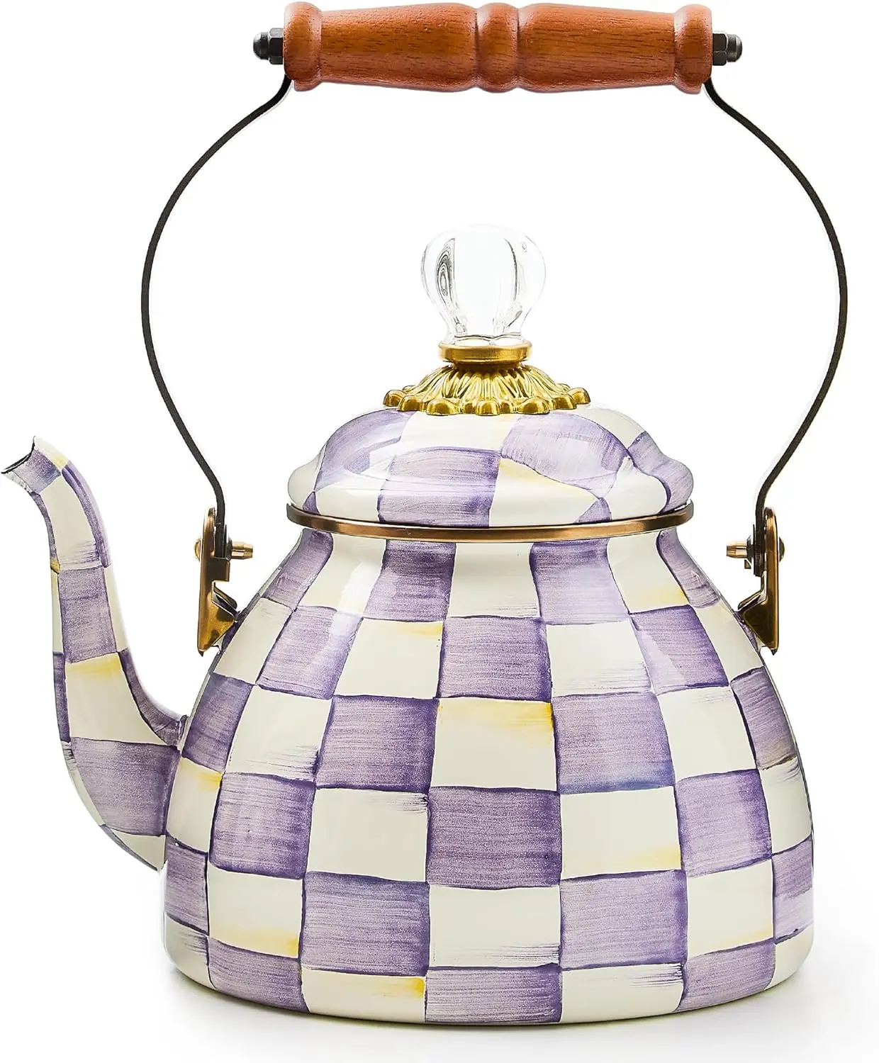 MACKENZIE-CHILDS Enamel Tea Kettle - Stylish Classic Stovetop Kettle with Wooden & Bronze Accents, 2 Qt Glass-Enhanced Decorative Kitchenware, Purple-White Violet Check