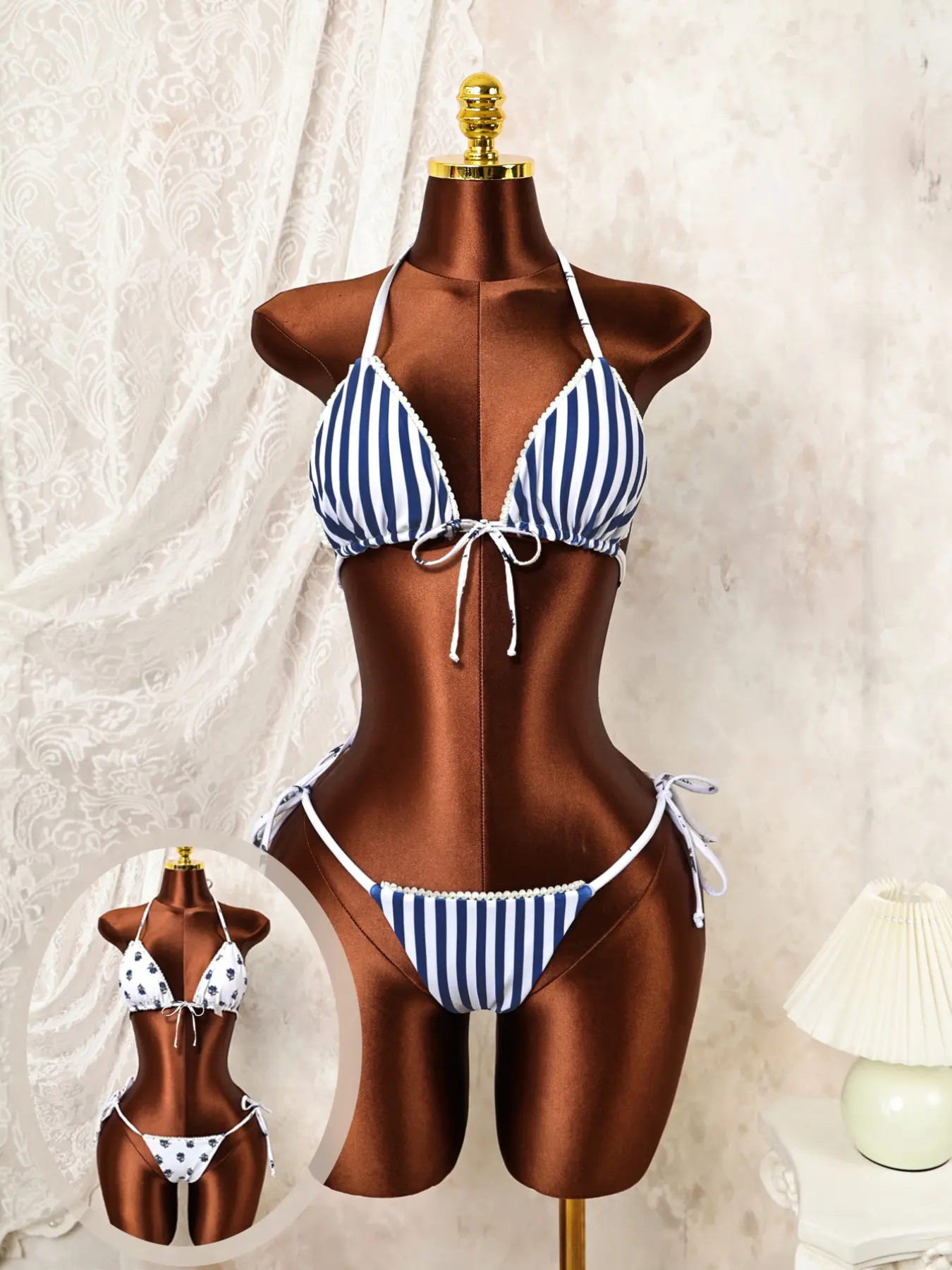 French Style Striped Floral Bikini, Dual-Sided Print, Adjustable Straps, Slimming Design, Beach Vacation, Sunbathing