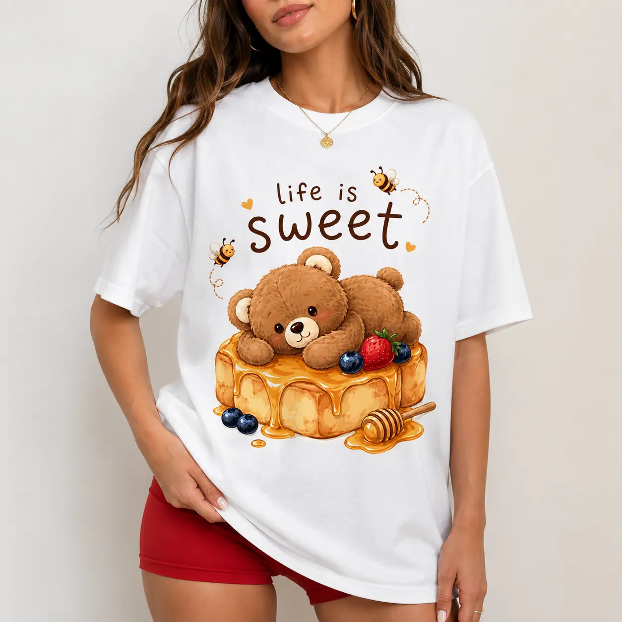 [100% Cotton] Life Is Sweet T-Shirt, Cute Teddy Bear Graphic Tee, Honey Cake Dessert Shirt, Sweet Kawaii Oversized Tee, Playful Bakery Outfit, Life Is Sweet Gift for Bear Lovers and Dessert Fans