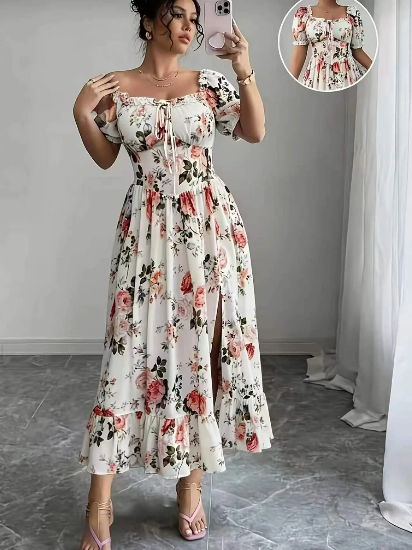 Women's Spring Summer Fashion Casual Drawstring Floral Print Elegant Dress, Stylish and Comfortable, Perfect for Daily Wear