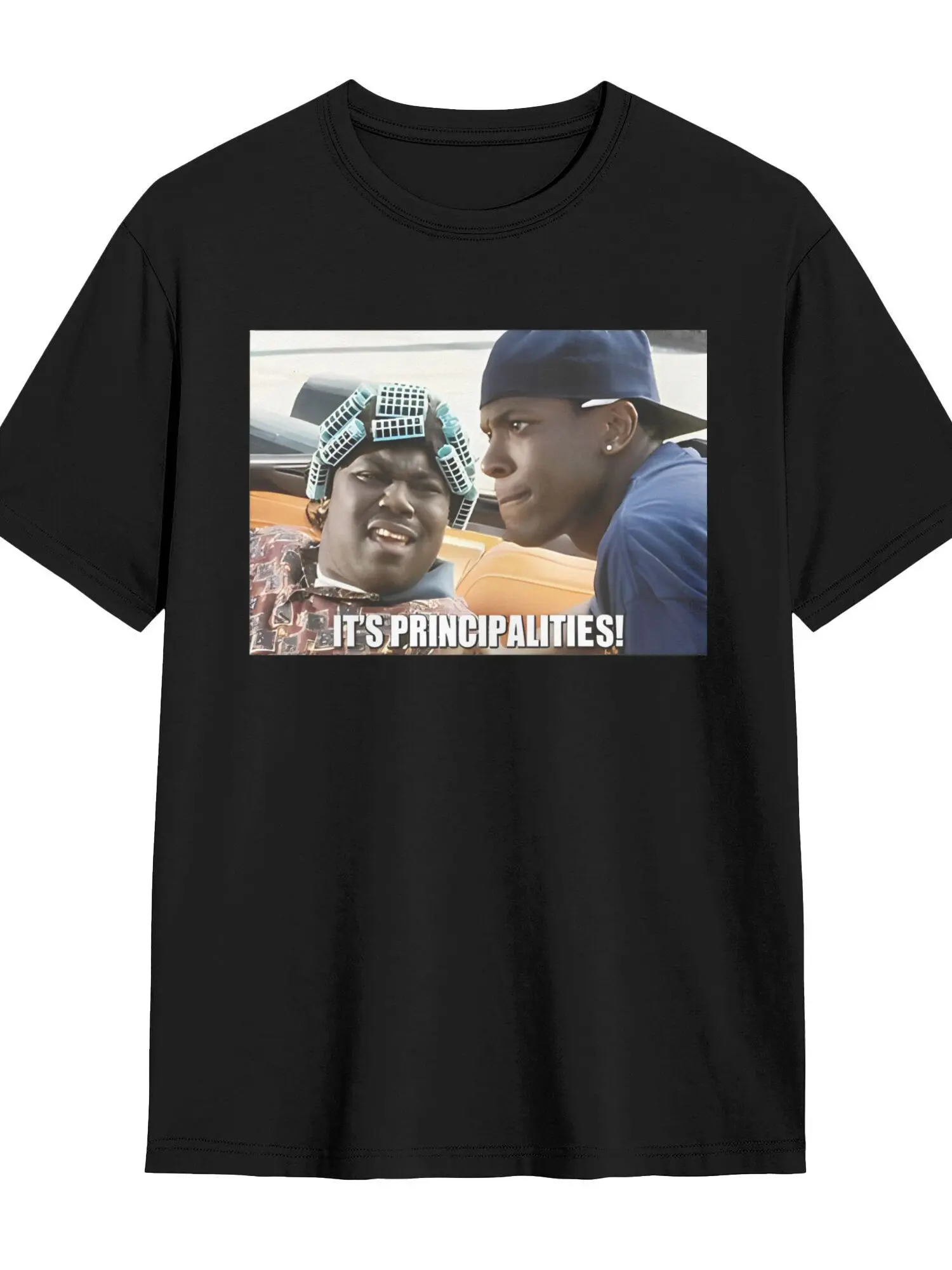 Retro Graphic T-shirt with "It's Principalities!" Friday Movie Print, Casual Unisex Shortsleeve Top in Stretch Cotton Polyester Fabric, Tshirt, Menswear, Round Neck