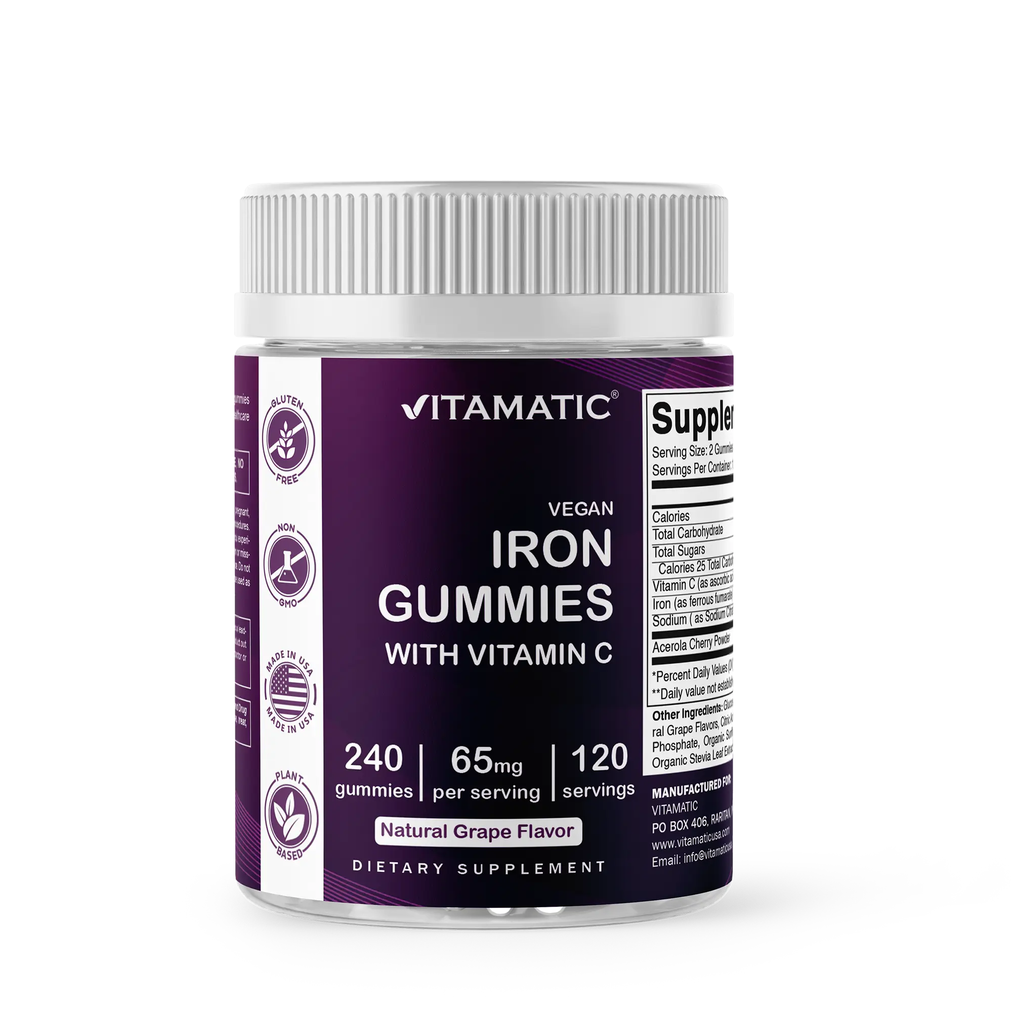 Vitamatic 65 mg Chewable Iron Gummies - 240-Count Grape Flavor Multivitamin Bites, Gluten-Free, Vegetarian, Natural Ingredients Dietary Supplements with Minerals for Health Support