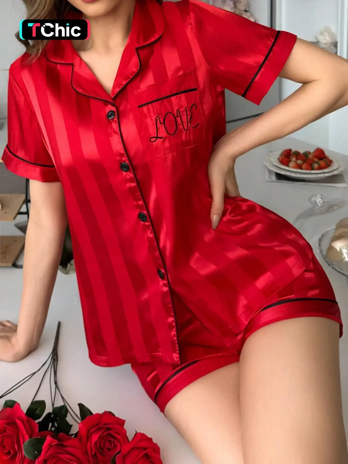 Women's 2-Piece Satin Pajama Set, Striped Collared Short Sleeve Top with Pockets, Bow Shorts, Casual Chic Home Wear, Loungewear, Comfortable Sleepwear