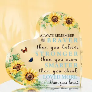 Sunflower Pattern Acrylic Heart Shaped Ornament, Inspirational Gift, Desktop Decoration for Home Office, Gift for Friend & Family