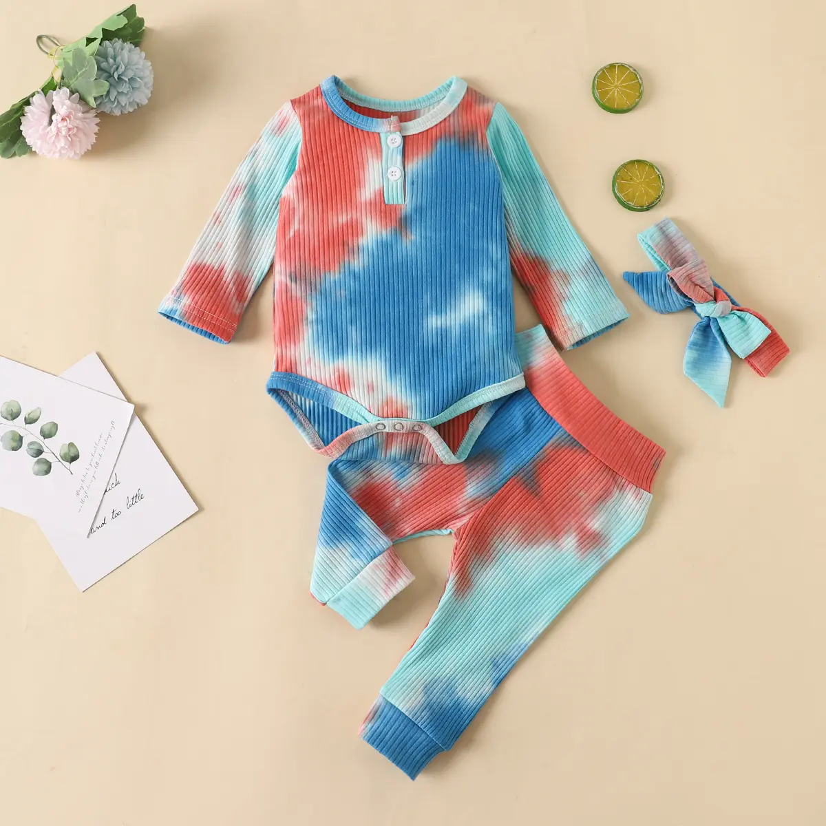 Toddler 2-Piece Tie-Dye Casual Outfits Gift Set, Cotton Long Sleeve Ribbed Round Neck Button-Up Romper Top & Elastic Waist Pants for Boys (Baby & Maternity Clothing)