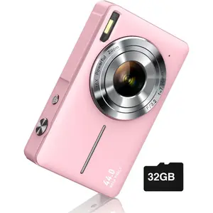 Digital Camera, FHD 1080P Digital Point and Shoot Camera with 16X Zoom Anti Shake, 32GB Card, Compact Small Camera for Boys Girls Kids, Pink