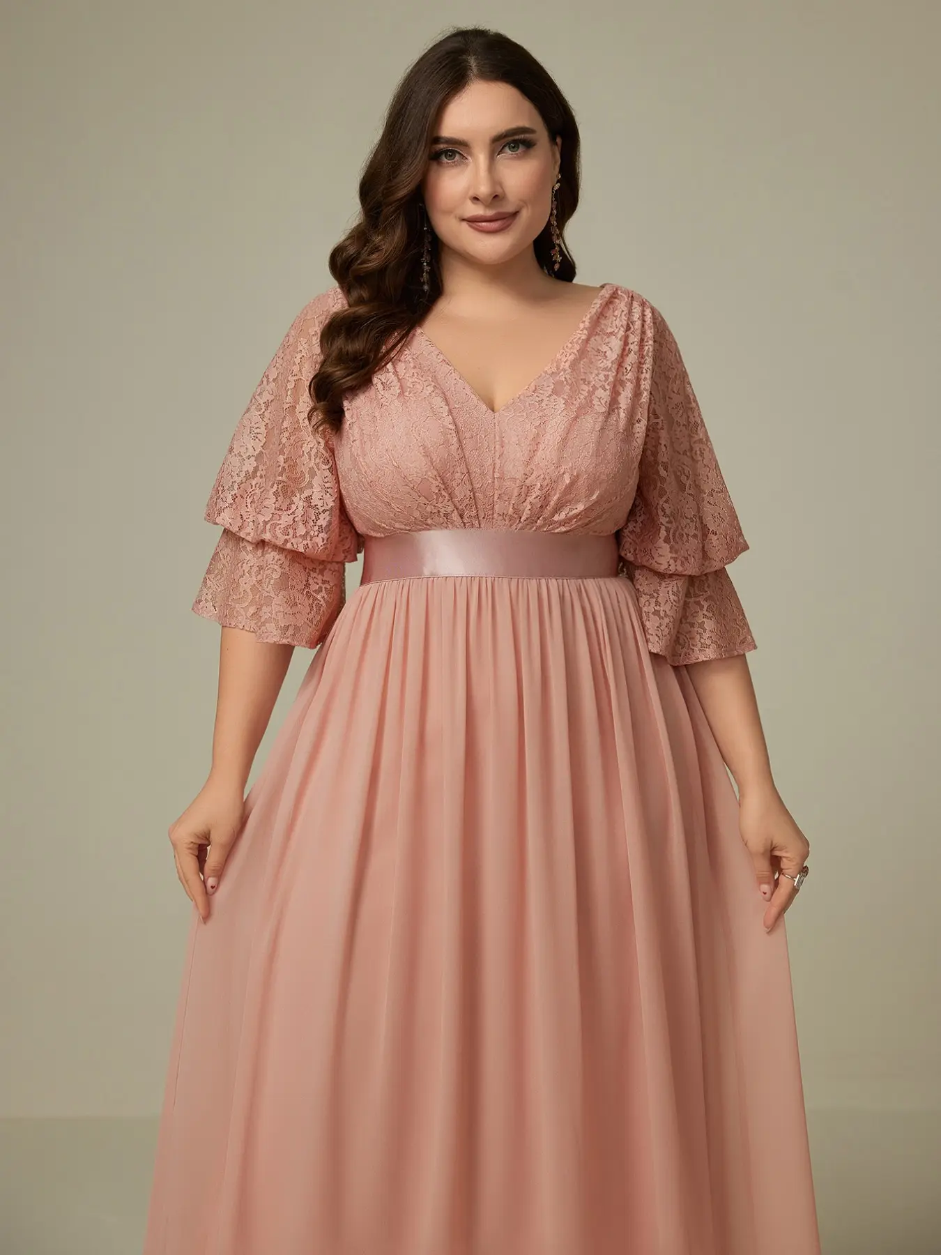 Elegant Plus Size V-Neck Lace Splicing Chiffon Waist Cinching Flowy A-Line Long Bridesmaid Dress, Formal Party Gown