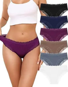 Women's Cotton Bikini Underwear Brazil Cut Panties Lace Cheeky Hipster Soft Stretch Breathable 6 Pack Womenswear Fabric Jeans Ladies Fit
