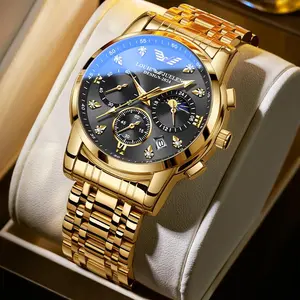 Swiss Elegant Men's Watch,Luxury Gold-Tone Watch with Triple Subdial & 6-Hand Design Roman Numeral Dial Waterproof Durable 3-Year Warranty for Business Meetings Social Galas Fashion Ensembles