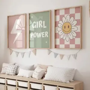3pcs Groovy Positive Daisy Girl Power Wall Art Artistic Canvas Poster Print, Room Game Room Home Decor Decoration Unframed, No Ca Prop 65 Warning