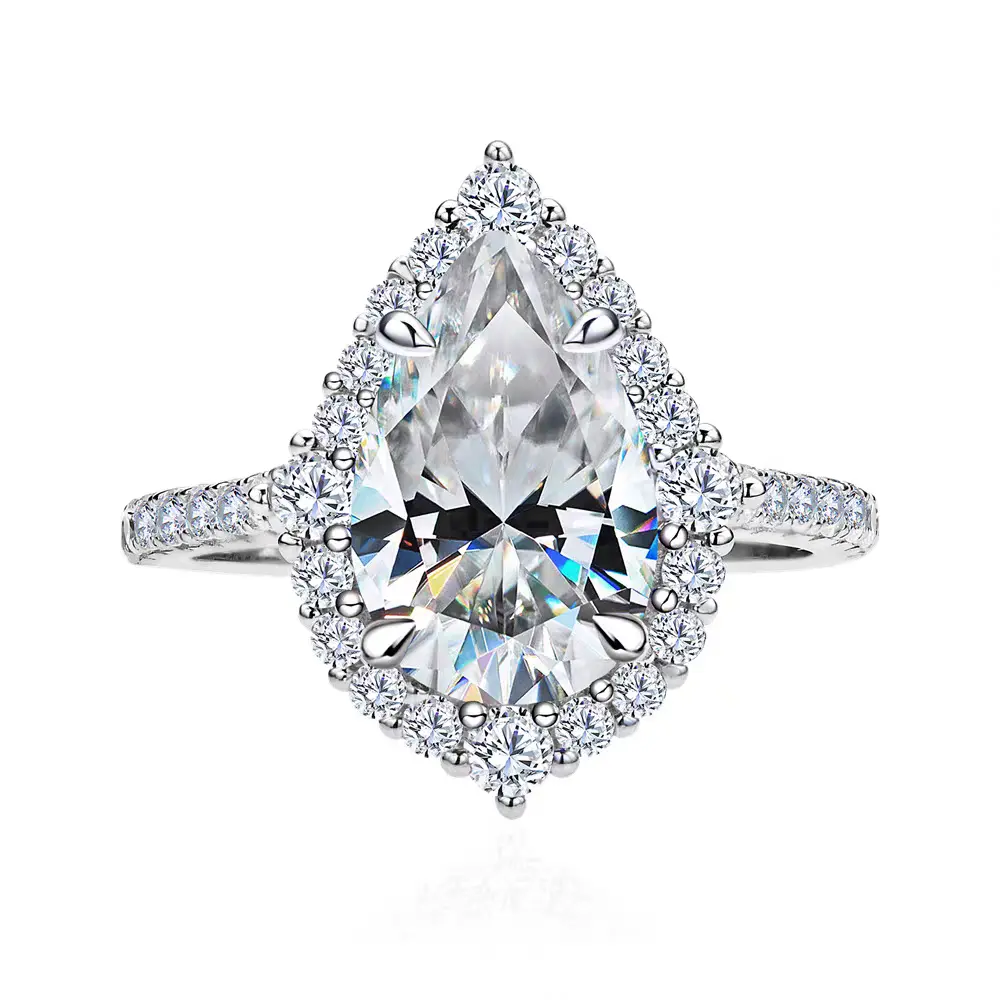 4CT Pear Shaped Eco Diamond Ring, Classic Teardrop Look Halo Accent Statement Piece, Artificial Gemstone Jewelry for Female Gifts for Women Statement Pieces, Metal