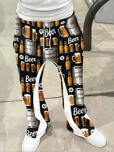 Beer Theme Print Bell Bottoms, Casual Party Atmosphere Long Pants, Geometric Pattern, Fitted Style, All Seasons Wear