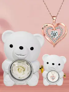Women's Elegant Heart Design Mom Necklace As Gifts for Girlfriend, Summer Exquisite Trendy Pendant Necklace with Bear Shaped Rose Gifts Box, Valentine's Day, Gift, Mother's Day Gifts, Gift Set for Mothers, Gifts for Her