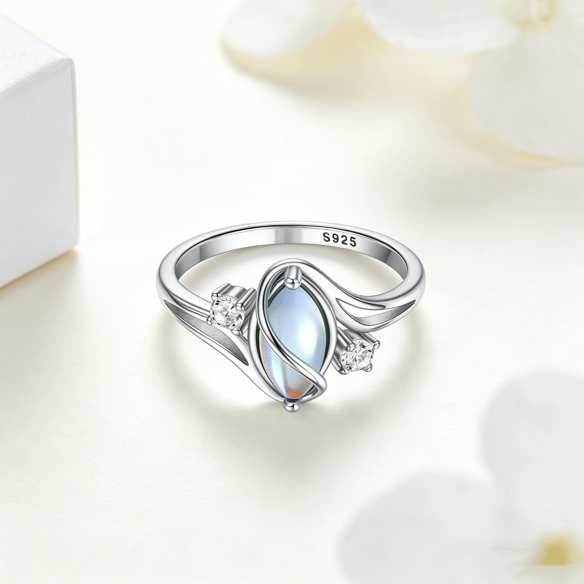 HXS 925 Sterling Silver Moonstone Ring That Glows Like Magic