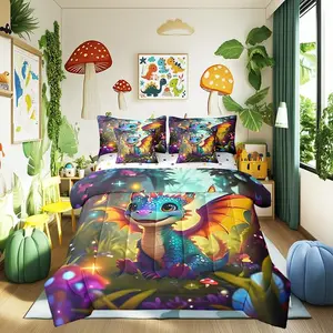 Cartoon Dragon Bed in a Bag Comforter Set,Western Magical Animal 7 Pieces for Kids,Cute Jungle Mushroom Botanical Bedding Set