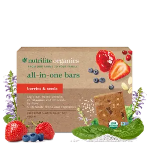 Nutrilite Organics All-in-One Bars Berries & Seeds 12 Pack Vegan Protein Snack Bar with Fiber Vitamins Minerals USDA Organic Plant-Based Taffy - Natural