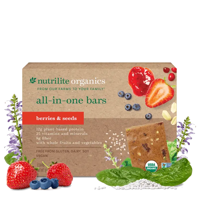 Nutrilite Organics All-in-One Bars Berries & Seeds 12 Pack Vegan Protein Snack Bar with Fiber Vitamins Minerals USDA Organic Plant-Based Taffy - Natural
