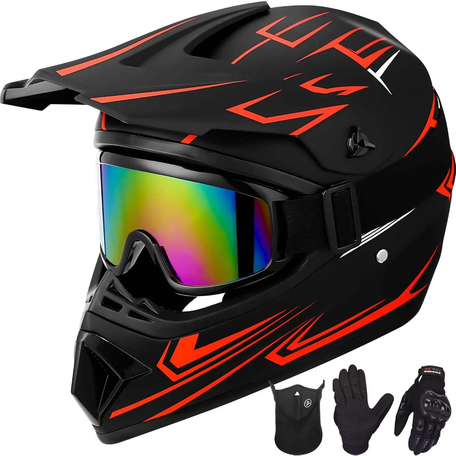 Youth & Adult Motocross Helmet, 4-Piece Sporty ABS Protective Gear Set with Goggles, Gloves & Mask for Off-Road Dirt Bike, ATV, BMX