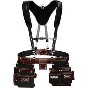 FUERI Nylon and Leather Tool Belt with Suspender comes with 19 Pocket with Adjustable Foam Padded Belt,Heavy Duty Pouches, 4 D-Loops, Leather Suspender and hammer holder for Carpenters & Electricians