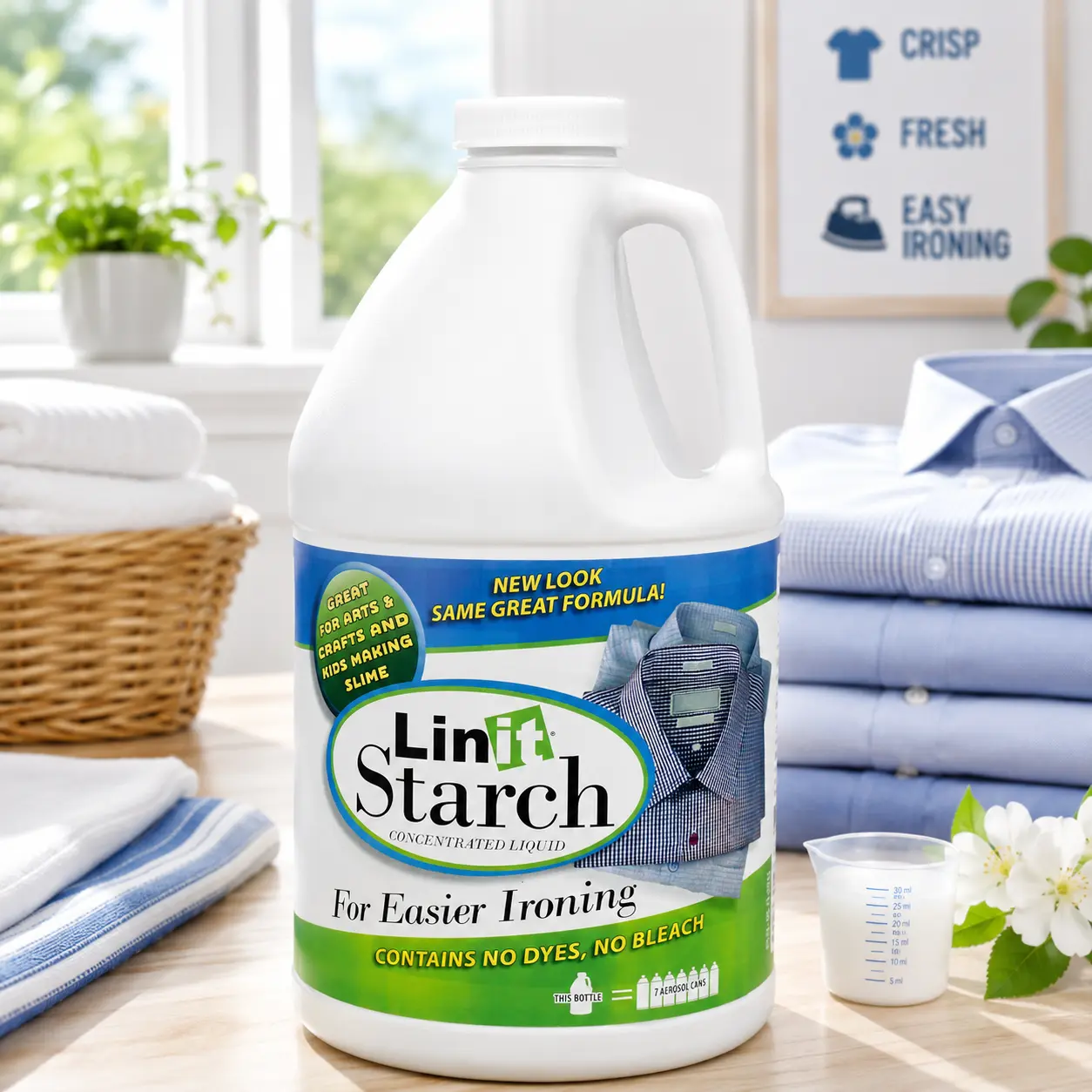 Linit Liquid Starch (64 Oz.) - Crisp Classic Finish Ironing Aid, Wrinkle Release Solution, Versatile Arts & Crafts Supply (Slime, Paper Mache, Silly Putty) (408440)
