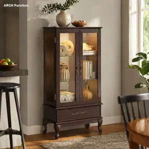 Dark Cherry Arch LED-Lit Glass Curio Cabinet - 2 Doors, 1 Drawer, Adjustable Shelves, Carved Handles, Included Bulb, Retro Charm, Multi-Functional Indoor Display/Collectible Sideboard for Wine Storage, Display Glass Cabinets, Cherry Glass Cabinets