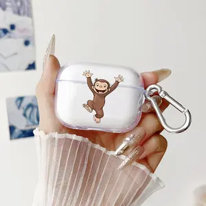 Joyful Monkey Leap Pattern TPU Soft Protective Case for Apple AirPods 4/3/2/1/Pro/Pro2 Transparent Earphone Cover with Keychain Attachment