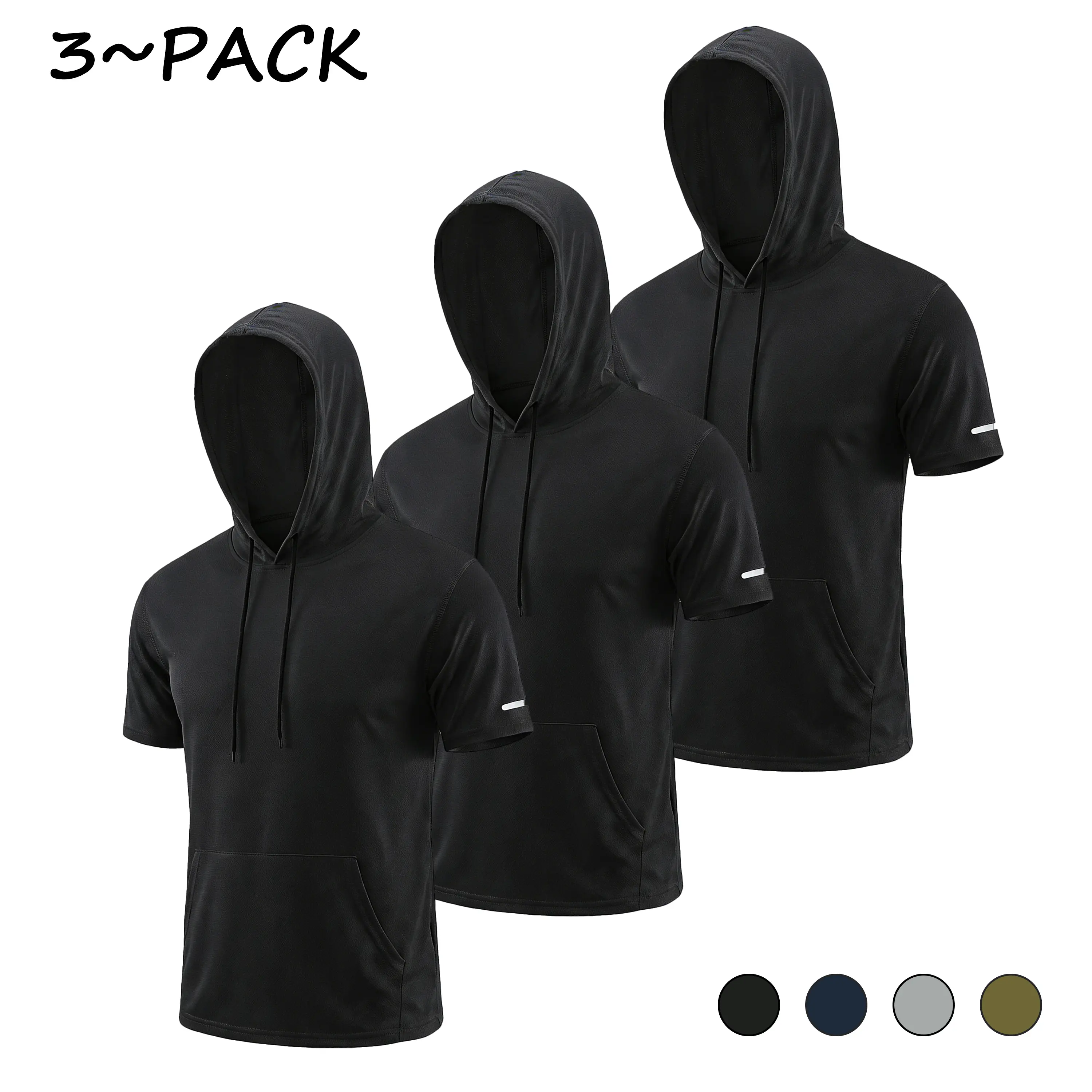 (Choose One Size Larger) Men's 3/6 Pack Workout Short Sleeve Hoodie, Moisture Wicking Mesh Sports Quick Dry Compression T-Shirts, Breathable Lightweight Pullover with Kangaroo Pocket Drawstring, Big and Tall SummerVibes Oversized Gym Shirts
