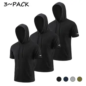 (Choose One Size Larger) Men's 3/6 Pack Workout Short Sleeve Hoodie, Moisture Wicking Mesh Sports Quick Dry Compression T-Shirts, Breathable Lightweight Pullover with Kangaroo Pocket Drawstring, Big and Tall SummerVibes Oversized Gym Shirts