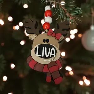 Squiggle Hand-Crafted Wooden Farmhouse Reindeer Christmas Ornaments - Personalized Decoration with Selected Color Schemes, Custom Name, Festive Gift for Boys