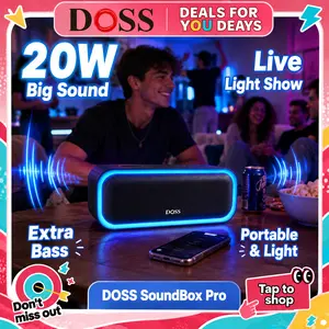 DOSS SoundBox Pro Portable Bluetooth Speaker - 20W Stereo Speakers, Active Loud Bass, IPX6 Waterproof, TWS, Multi-Color Beat-Sync Lights, Protected Charging Button, Rechargeable, Cable-Included, for Party Use, Father's Day Gift