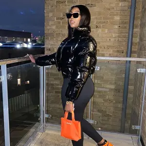 MWO-Chic Black Cropped Puffer Jacket, High - Shine Finish, Matching Leggings. Perfect for Fall/Winter Evening Outings, City Walks, Trendy Gatherings. Stylish, Edgy, Effortlessly Cool. Elevate Your Look!
