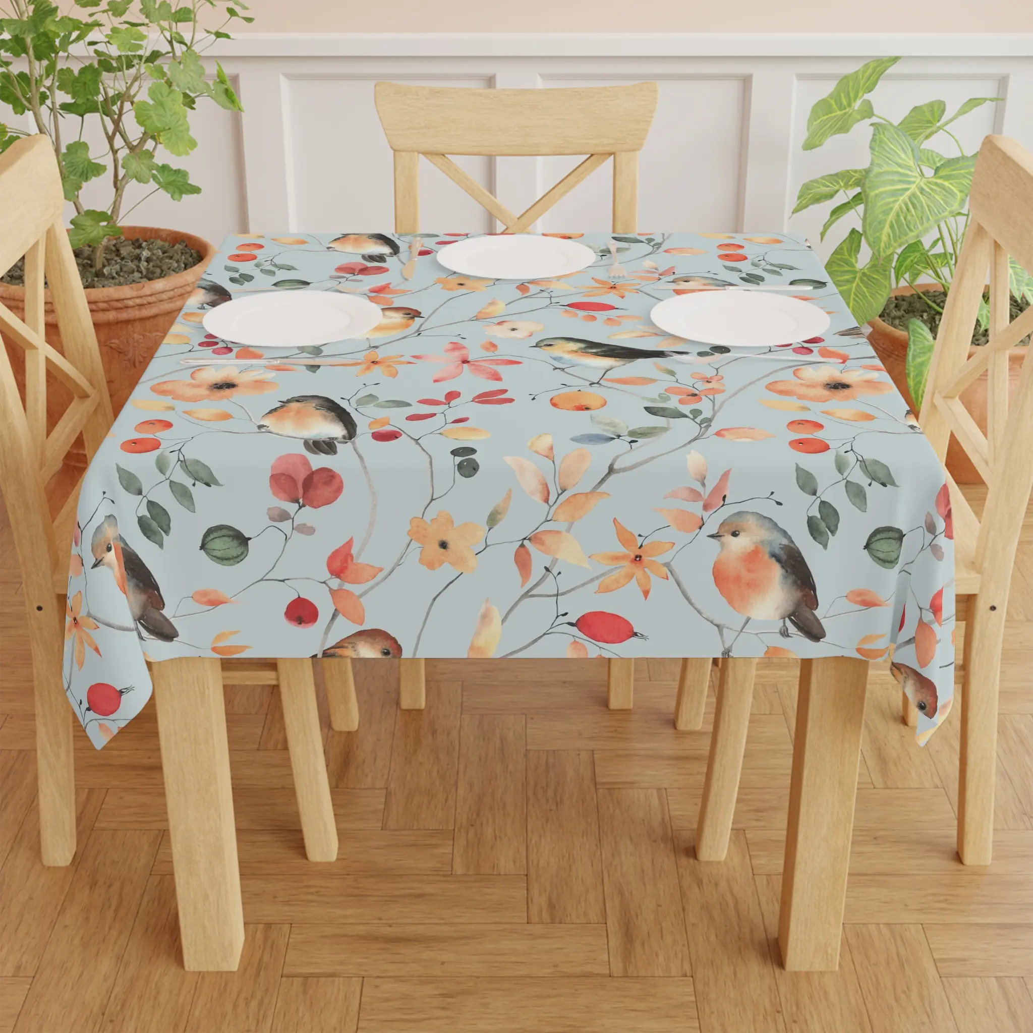 Watercolor Robins & Blossoms Tablecloth | Bird Floral Table Linen