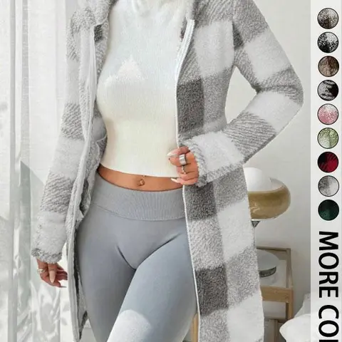 Women’s plaid fleece hooded slim-fit jacket, stylish casual design, soft and fluffy fleece fabric, full zip closure and hood design, mid-length silhouette, available in multiple colors, Valentine’s Day edition, autumn/winter outerwear